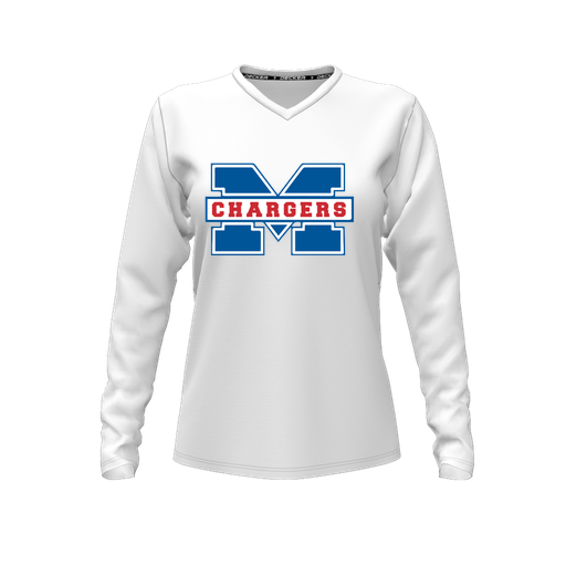 [CUS-DFW-TEES-CMF-VNK-LSL-WHT-FYXS-LOGO1] Decker Comfort T-Shirt (Female Youth XS, White, V Neck, Logo 1, Long Sleeve)