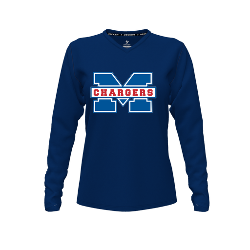 [CUS-DFW-TEES-CMF-VNK-LSL-NVY-FYXS-LOGO1] Decker Comfort T-Shirt (Female Youth XS, Navy, V Neck, Logo 1, Long Sleeve)