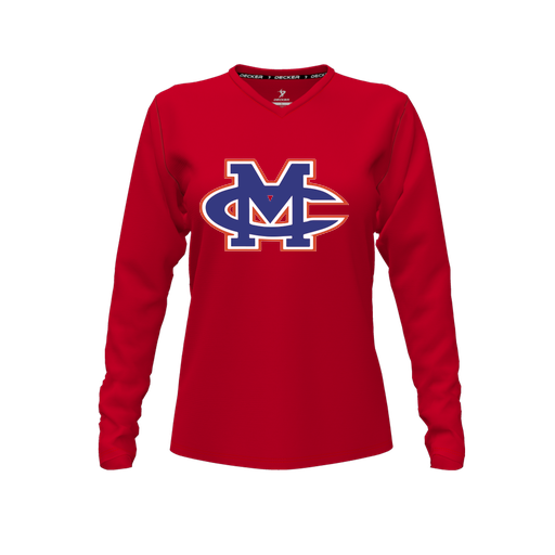 [CUS-DFW-TEES-CMF-VNK-LSL-RED-FYXS-LOGO2] Decker Comfort T-Shirt (Female Youth XS, Red, V Neck, Logo 2, Long Sleeve)