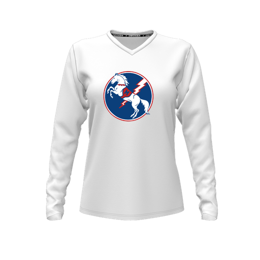[CUS-DFW-TEES-PER-VNK-LSL-WHT-FYXS-LOGO3] Decker Performance T-Shirt (Female Youth XS, White, V Neck, Logo 3, Long Sleeve)