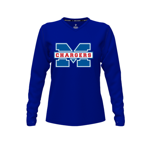 [CUS-DFW-TEES-PER-VNK-LSL-RYL-FYXS-LOGO1] Decker Performance T-Shirt (Female Youth XS, Royal, V Neck, Logo 1, Long Sleeve)