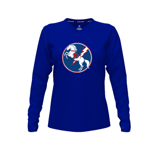[CUS-DFW-TEES-PER-VNK-LSL-RYL-FYXS-LOGO3] Decker Performance T-Shirt (Female Youth XS, Royal, V Neck, Logo 3, Long Sleeve)