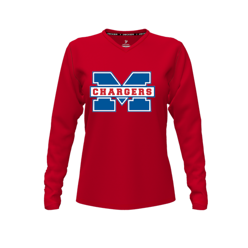 [CUS-DFW-TEES-PER-VNK-LSL-RED-FYXS-LOGO1] Decker Performance T-Shirt (Female Youth XS, Red, V Neck, Logo 1, Long Sleeve)