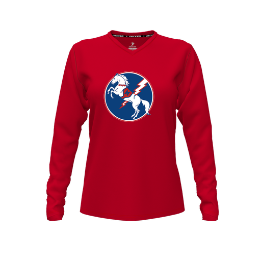 [CUS-DFW-TEES-PER-VNK-LSL-RED-FYXS-LOGO3] Decker Performance T-Shirt (Female Youth XS, Red, V Neck, Logo 3, Long Sleeve)