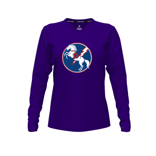 [CUS-DFW-TEES-PER-VNK-LSL-PUR-FYXS-LOGO3] Decker Performance T-Shirt (Female Youth XS, Purple, V Neck, Logo 3, Long Sleeve)